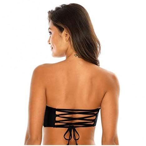 RELLECIGA Women's Bathing Suit Adjustable Back Lace-up Bandeau Bikini Top