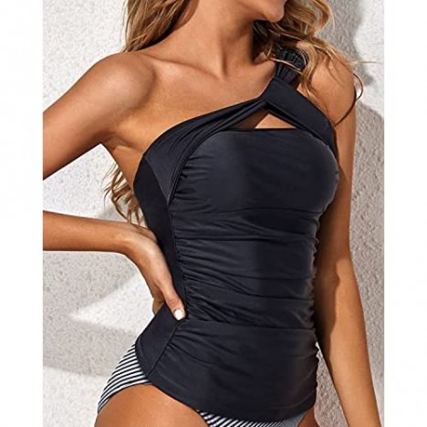 Tempt Me Women Tankini Top Ruched One Shoulder Tummy Control Swimsuit Top Swim Top