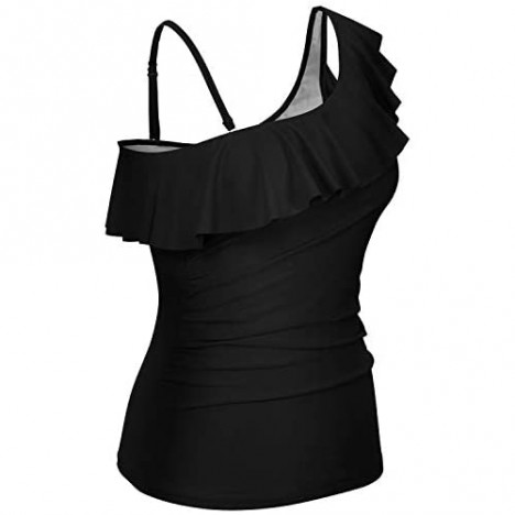 Yonique Womens One Shoulder Tankini Tops Ruffle Swim Tops Strapless Bathing Suit Tops No Bottoms