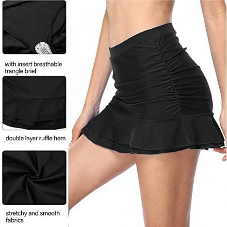 Firpearl Women's Ruffle Swim Skirt High Waist Ruched Tankini Swimsuit Bikini Bottom with Brief