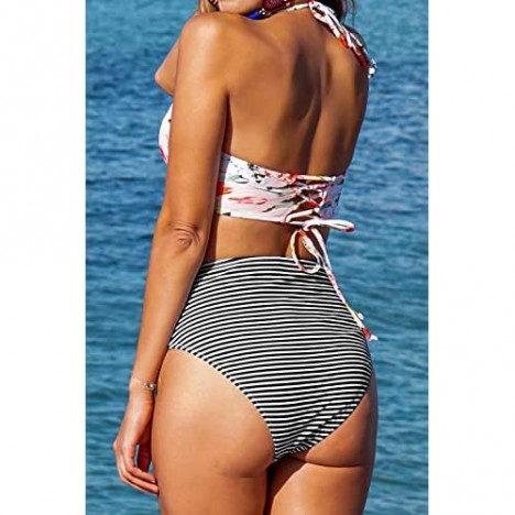 CUPSHE Women’s Bikini Swimsuit Floral Print Halter Lace Up Two Piece Bathing Suit