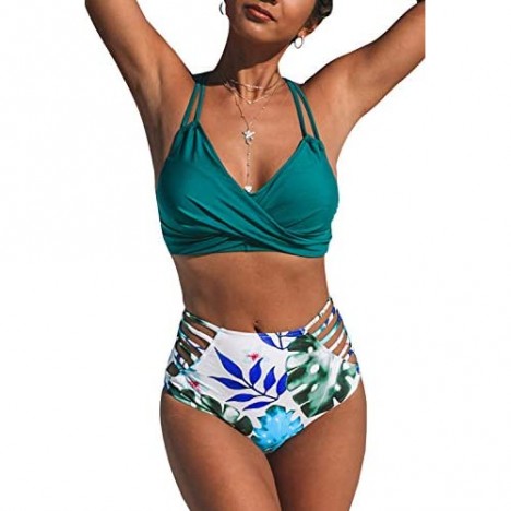 CUPSHE Women's Bikini Swimsuit Leaf Print Twist Lace Up V Neck Two Piece Bathing Suit