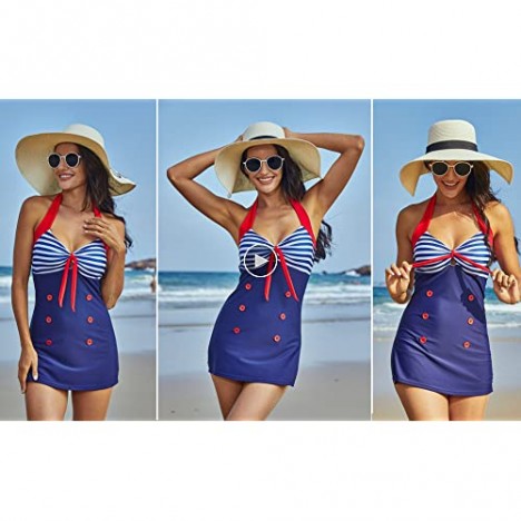 Ekouaer Womens Vintage Striped One Piece Swimsuit Monokini Bathing Suit Boyshort Swimwear