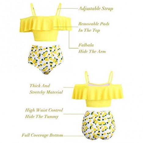Kaei&Shi High Waisted Flounce Bikini Set Tummy Control Swimsuits for Women Off Shoulder