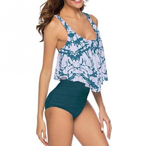 MarinaPrime Womens Suits Two Pieces Flounce Top High Waist Bottom Tankini Sets Flowy Beach Swimwear