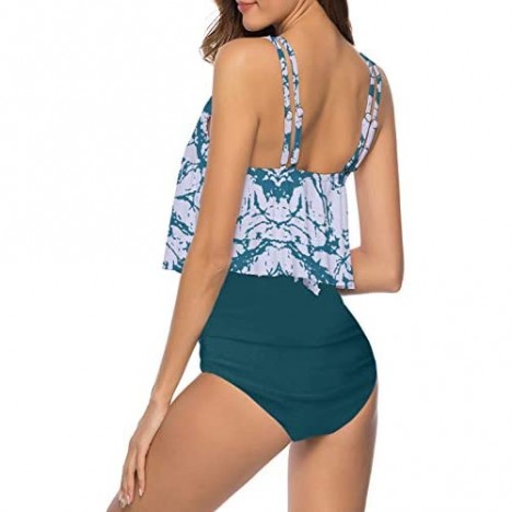 MarinaPrime Womens Suits Two Pieces Flounce Top High Waist Bottom Tankini Sets Flowy Beach Swimwear