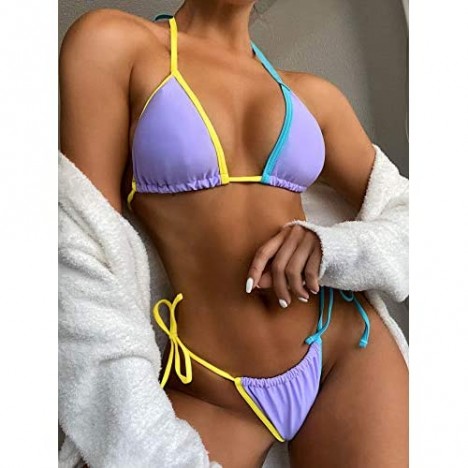 SOLY HUX Women's Color Block Halter Triangle Top and Tie Side Bikini Set Swimsuits