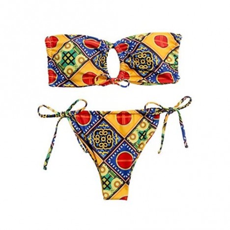SOLY HUX Women's Print Bandeau Top and Tie Side Bikini Set 2 Piece Swimsuits