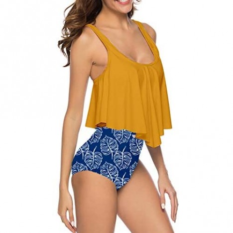 SouqFone Swimsuits for Women Two Piece Bathing Suits Ruffled Flounce Top with High Waisted Bottom Bikini Set