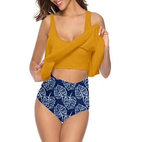 SouqFone Swimsuits for Women Two Piece Bathing Suits Ruffled Flounce Top with High Waisted Bottom Bikini Set