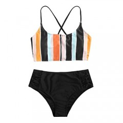 SweatyRocks Women's Bathing Suits Striped Criss Cross Bikini Set High Waisted Swimsuits