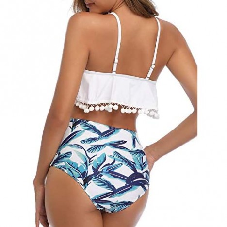 Tempt Me Women High Waisted Bikini Ruffle Swimsuit Flounce Pom Pom Trim Two Piece Bathing Suit