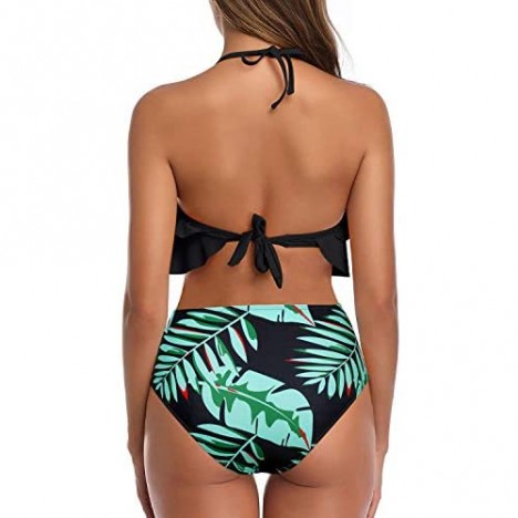 Tempt Me Women Two Piece Swimsuits High Waisted Bikini Flounce Halter Tummy Control Ruffle Bathing Suit