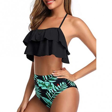 Tempt Me Women Two Piece Swimsuits High Waisted Bikini Flounce Halter Tummy Control Ruffle Bathing Suit