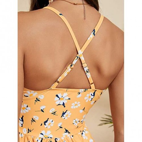 Tutorutor Women High Waisted Swimsuits Peplum Tankini Set Ruffle Floral Print Teen Spaghetti 2 Piece Halter Bikini