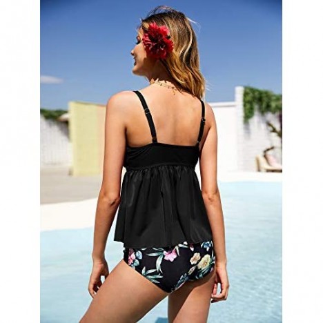 Tutorutor Womens High Waisted Peplum Tankini Swimsuits Retro Ruffle Floral Print Tops Tummy Control 2 Piece Bikini Set