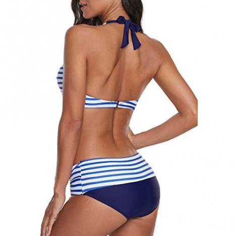 Yanekop Womens Two Piece High Waisted Swimsuits Push Up Halter Bikini Striped Padded Bathing Suits