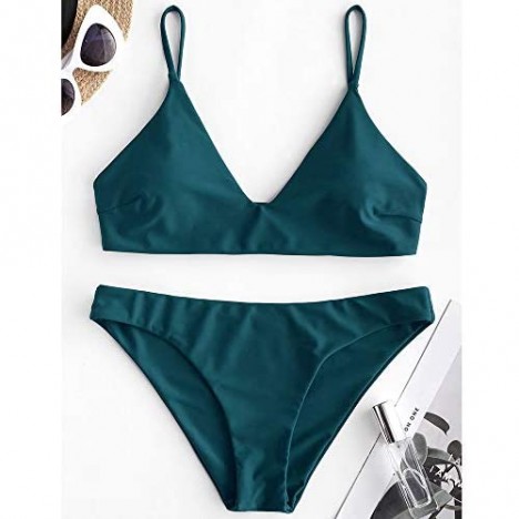 ZAFUL Women's Solid Spaghetti Strap Bralette Bikini Set Two Piece Swimsuit