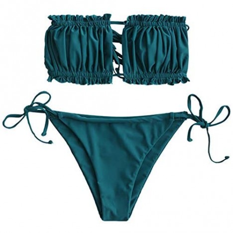 ZAFUL Women's Strapless Ribbed Tie Back Ruffle Cutout Bandeau Bikini Set Swimsuit