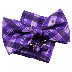 Tartan Check Patterns Woven Pre-tied Bow Tie (5) w/Pocket Square & Cufflinks Gift Set