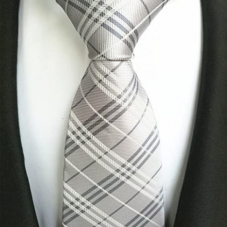 Secdtie Men's Classic Checks Silver Jacquard Woven Silk Tie Formal Necktie