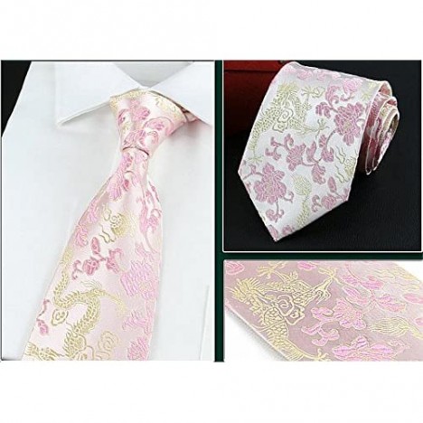 Secdtie Men's Silk Tie Dragon Peony Embroidery Woven Wedding Formal Necktie Gift