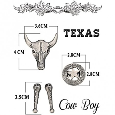 Thunaraz 2Pcs Leather Tie Necktie Cow Skull Texas Ranger Star Chain for Men Rodeo Bolo Tie Necktie