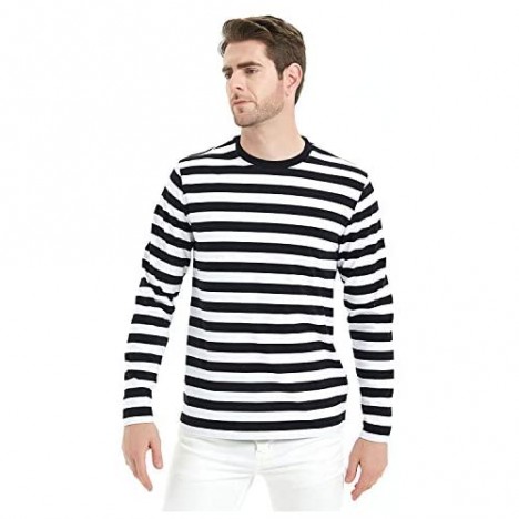 LEDING Men's T-Shirt Casual Cotton Spandex Striped Crewneck Long-Sleeve T-Shirts Basic Pullover Stripe Man tee Shirt