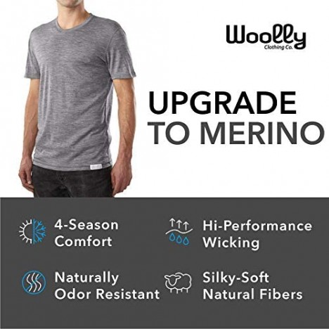 Woolly Clothing Men's Merino Wool Crew Neck Tee Shirt - Everyday Weight - Wicking Breathable Anti-Odor