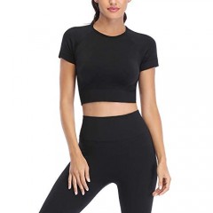 2 Piece Short Sleeve Outfits for Women Seamless Crop Tops Set for Women Workout Set