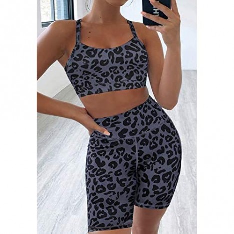 Aleumdr Womens Yoga Outfits 2 Piece Set Workout Athletic Leopard Print Shorts Leggings and Sports Bra Set Gym Clothes