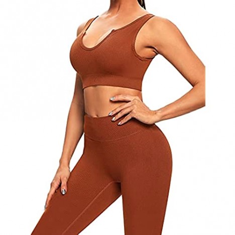 Buscando Ribbed Yoga Outfits Workout Sets for Women 2 Piece Shorts Seamless High Waist Leggings Sports Bra Crop Top Gym Sets