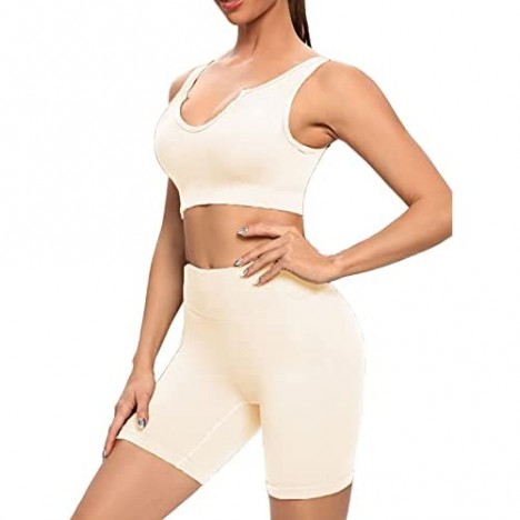 Buscando Workout Outfits Sets for Women 2 Piece Shorts-Seamless High Waist Athletic Legging Sports Bra Crop Top Tank