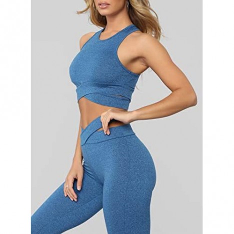 Ecrocoo 2 Pieces Womens Workout Sets Yoga Gym Outfits Seamless High Waist Leggings Tracksuits
