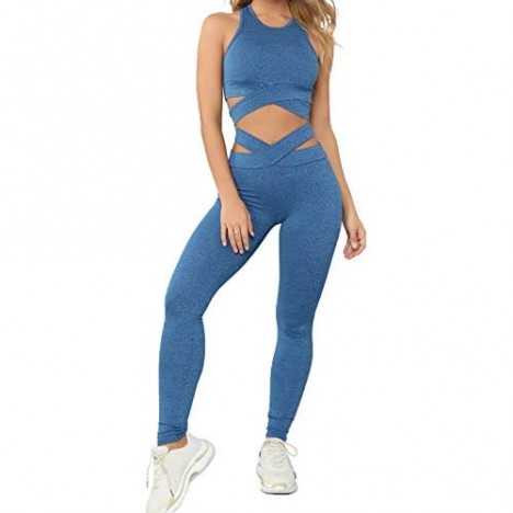 Ecrocoo 2 Pieces Womens Workout Sets Yoga Gym Outfits Seamless High Waist Leggings Tracksuits