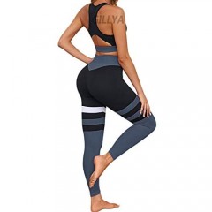 GILLYA Yoga Workout Outfits for Women 2 Piece Set High Waisted Striped Gym Leggings Top Bra Set Fitness Gym Outfits Set