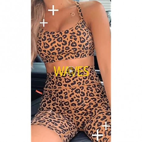 Happy Sailed Women 2 Piece Set Workout Athletic Shorts Leggings and Sports Bra Set Leopard Print Yoga Outfits S-XL