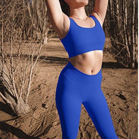 Jetjoy Exercise Outfits for Women 2 Pieces Ribbed Seamless Yoga Outfits Sports Bra and Leggings Set Tracksuits 2 Piece