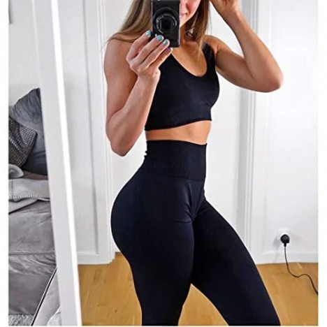 Jetjoy Yoga Outfits for Women 2 Piece Set Workout High Waist Athletic Seamless Leggings and Sports Bra Set Gym Clothes