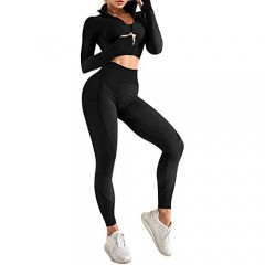 JOYMODE Workout Sets for Women 2 Piece Seamless Textured High Waist Leggings and Crop Top Gym Sets