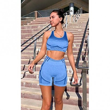 LNSK Women's Workout Outfit 2 Pieces Sports Suits Seamless High Waist Yoga Shorts Sleeveless Crop Top Gym Clothes Set