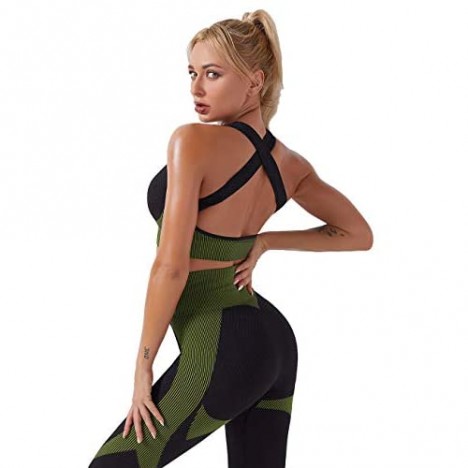 Lrady Women's Workout Outfit 2 Pieces Tracksuit-Seamless Yoga Leggings and Stretch Sports Bra Gym Clothes Set