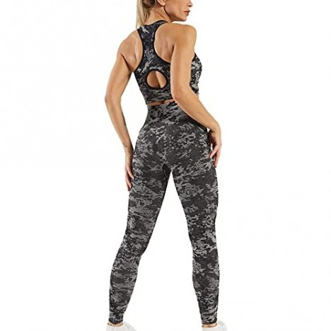 Mulisky Women’s 2 Piece Workout Outfits Crop Tank Seamless Cutout Back High Waist Yoga Sports Leggings Tracksuits Sets