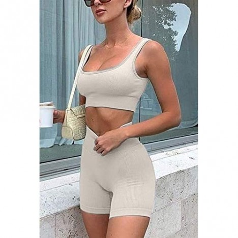 Natsuki Yoga Outfit for Women 2 Piece Ribbed High Waist Shorts and Sports Bra Athletic Clothes Sets