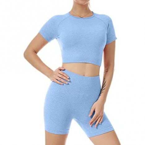 Nicytore Yoga Outfits for Women 2 Piece Set Tracksuit Seamless Short Sleeve Crop Top Workout Leggings Sportwear