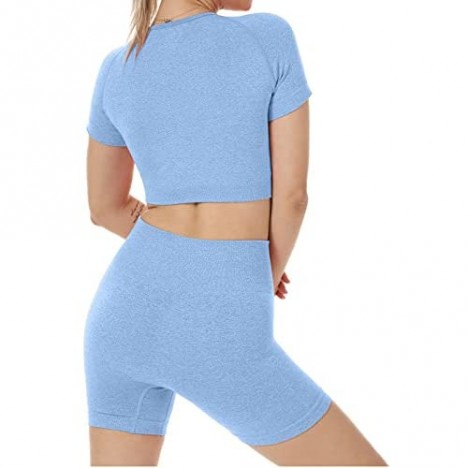 Nicytore Yoga Outfits for Women 2 Piece Set Tracksuit Seamless Short Sleeve Crop Top Workout Leggings Sportwear