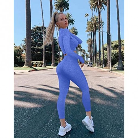 OYS Women's Workout 2 Piece Outfits Seamless High Waist Yoga Leggings Running Sports Long sleeve Gym Sets