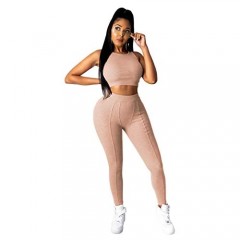 PINSV Women's 2 Piece Outfits Jogger Workout Sets Sexy Crop Top Long Pants Jogging Track Suits