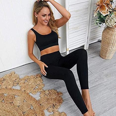 QCHENG Women's Workout Sets 2 Piece Ribbed Seamless Sports Bra and Leggings Set Gym Clothes Yoga Outfits