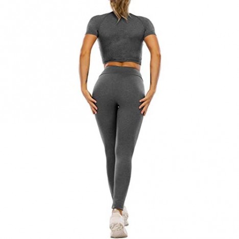 TOPSRANI Womens 2 Piece Outfits Sexy Crop Gym Yoga Workout Leggings Bodycon Tracksuit Sweatsuits Athletic Pants Set